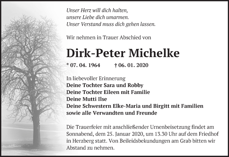  Traueranzeige für Dirk-Peter Michelke vom 11.01.2020 aus Märkische Oderzeitung