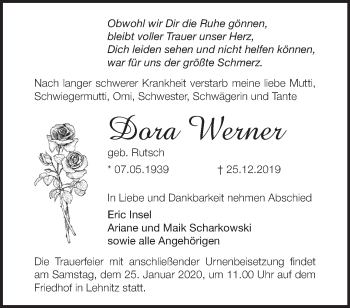 Traueranzeige von Dora Werner von Märkische Oderzeitung