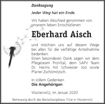 Traueranzeige von Eberhard Aisch von Märkische Oderzeitung