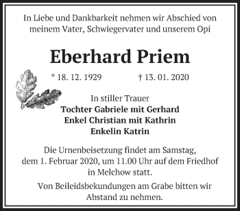 Traueranzeige von Eberhard Priem von Märkische Oderzeitung