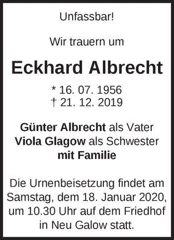 Traueranzeige von Eckhard Albrecht von Märkische Oderzeitung