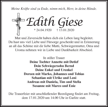 Traueranzeige von Edith Giese von Märkische Oderzeitung