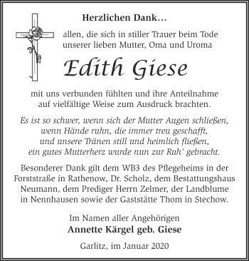 Traueranzeige von Edith Giese von Märkische Oderzeitung