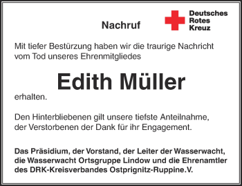 Traueranzeige von Edith Müller von Märkische Oderzeitung