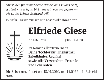 Traueranzeige von Elfriede Giese von Märkische Oderzeitung