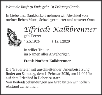 Traueranzeige von Elfriede Kalkbrenner von Märkische Oderzeitung