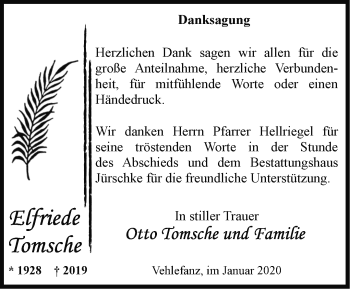 Traueranzeige von Elfriede Tomsche von Märkische Oderzeitung