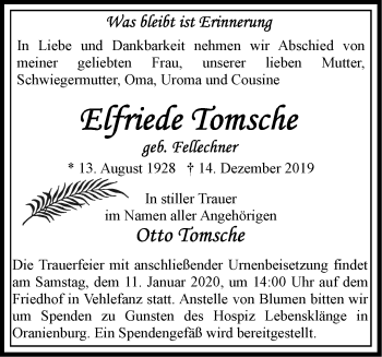 Traueranzeige von Elfriede Tomsche von Märkische Oderzeitung