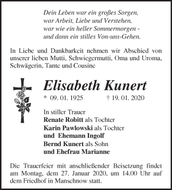 Traueranzeige von Elisabeth Kunert von Märkische Oderzeitung