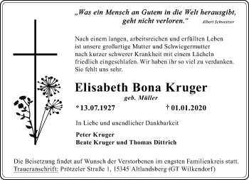 Traueranzeige von Elisabeth Bona Kruger von Märkische Oderzeitung