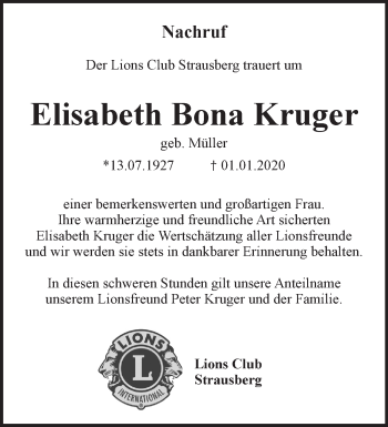 Traueranzeige von Elisabeth Bona Kruger von Märkische Oderzeitung