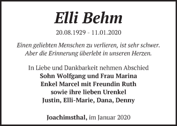 Traueranzeige von Elli Behm von Märkische Oderzeitung