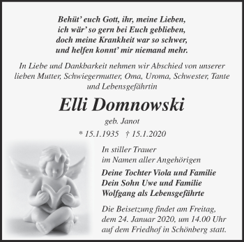 Traueranzeige von Elli Domnowski von Märkische Oderzeitung