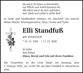 Traueranzeige von Elli Standfuß von Märkische Oderzeitung