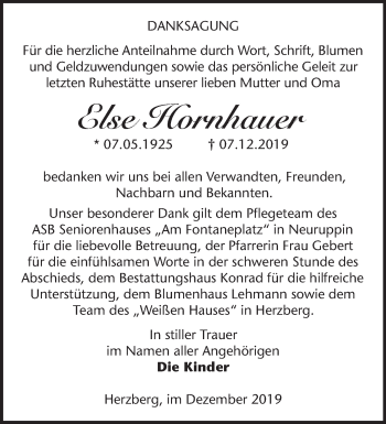 Traueranzeige von Else Hornhauer von Märkische Oderzeitung