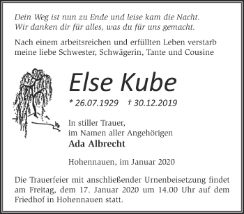 Traueranzeige von Else Kube von Märkische Oderzeitung