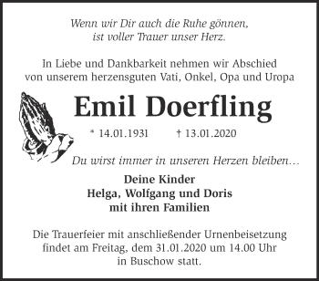 Traueranzeige von Emil Doerfling von Märkische Oderzeitung