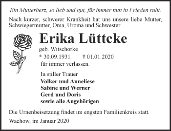 Traueranzeige von Erika Lüttcke von Märkische Oderzeitung