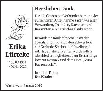 Traueranzeige von Erika Lüttcke von Märkische Oderzeitung