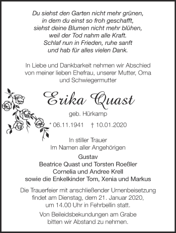 Traueranzeige von Erika Quast von Märkische Oderzeitung