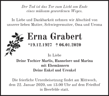 Traueranzeige von Erna Grabert von Märkische Oderzeitung