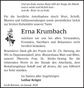 Traueranzeige von Erna Krumbach von Märkische Oderzeitung