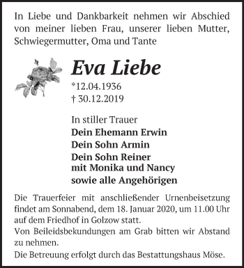 Traueranzeige von Eva Liebe von Märkische Oderzeitung