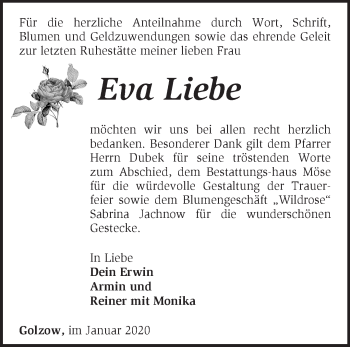 Traueranzeige von Eva Liebe von Märkische Oderzeitung