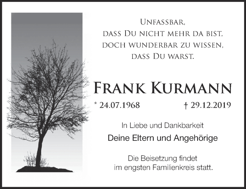  Traueranzeige für Frank Kurmann vom 11.01.2020 aus Märkische Oderzeitung