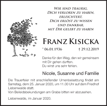 Traueranzeige von Franz Kisicka von Märkische Oderzeitung