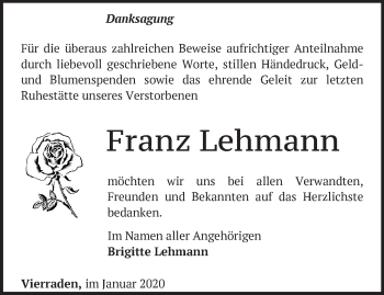 Traueranzeige von Franz Lehmann von Märkische Oderzeitung