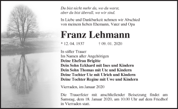 Traueranzeige von Franz Lehmann von Märkische Oderzeitung