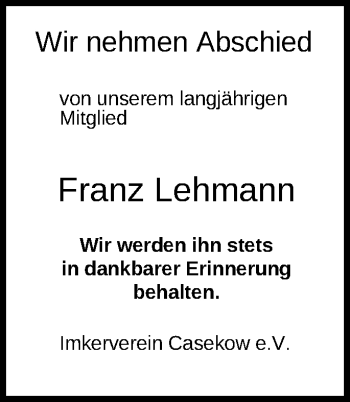 Traueranzeige von Franz Lehmann von Märkische Oderzeitung