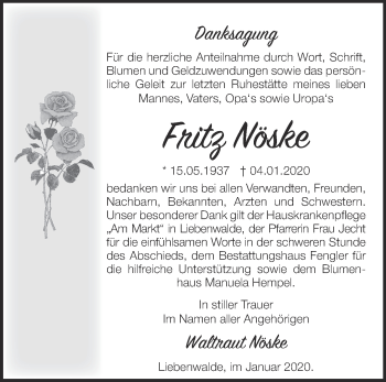 Traueranzeige von Fritz Nöske von Märkische Oderzeitung