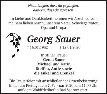 Traueranzeige von Georg Sauer von Märkische Oderzeitung