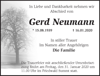 Traueranzeige von Gerd Neumann von Märkische Oderzeitung