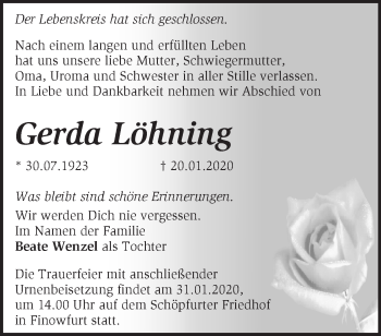 Traueranzeige von Gerda Löhning von Märkische Oderzeitung