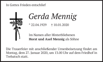 Traueranzeige von Gerda Mennig von Märkische Oderzeitung