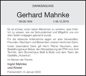 Traueranzeige von Gerhard Mahnke von Märkische Oderzeitung