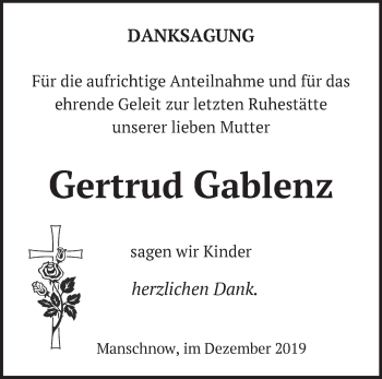 Traueranzeige von Gertrud Gablenz von Märkische Oderzeitung