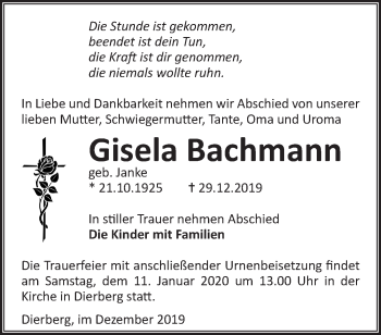 Traueranzeige von Gisela Bachmann von Märkische Oderzeitung