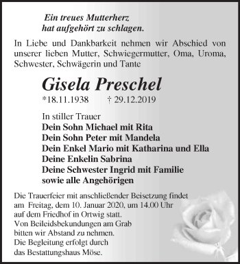 Traueranzeige von Gisela Preschel von Märkische Oderzeitung