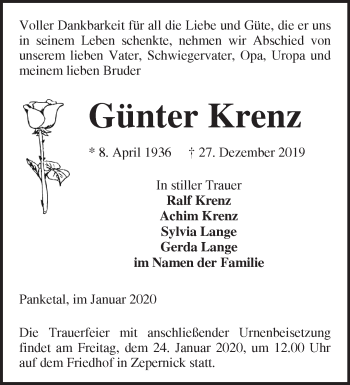 Traueranzeige von Günter Krenz von Märkische Oderzeitung