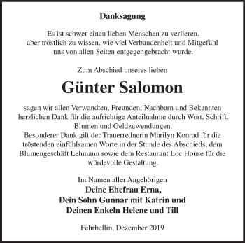 Traueranzeige von Günter Salomon von Märkische Oderzeitung