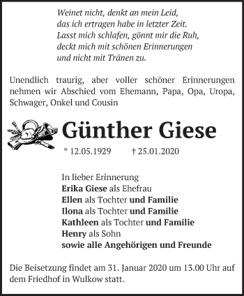 Traueranzeige von Günther Giese von Märkische Oderzeitung