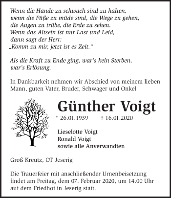 Traueranzeige von Günther Voigt von Märkische Oderzeitung