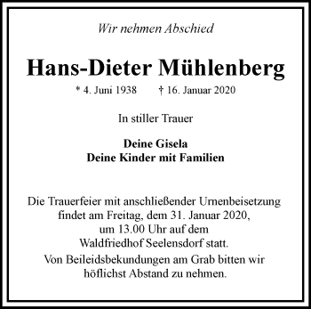 Traueranzeige von Hans-Dieter Mühlenberg von Märkische Oderzeitung