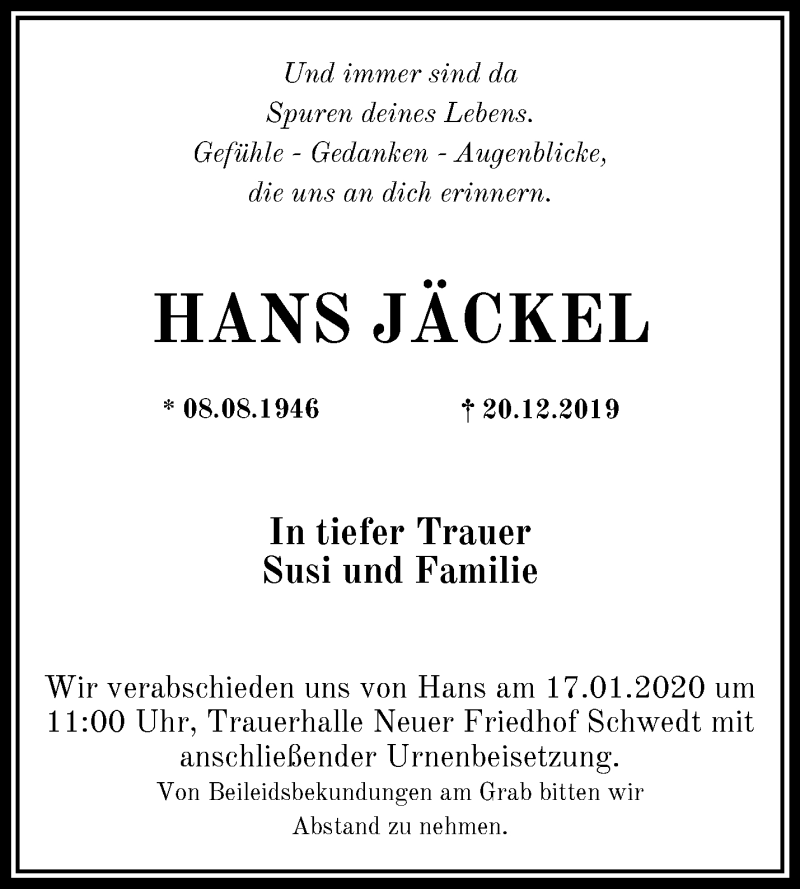  Traueranzeige für Hans Jäckel vom 03.01.2020 aus Märkische Oderzeitung