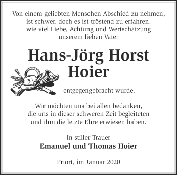 Traueranzeige von Hans-Jörg Horst Hoier von Märkische Oderzeitung