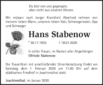 Traueranzeige von Hans Stabenow von Märkische Oderzeitung